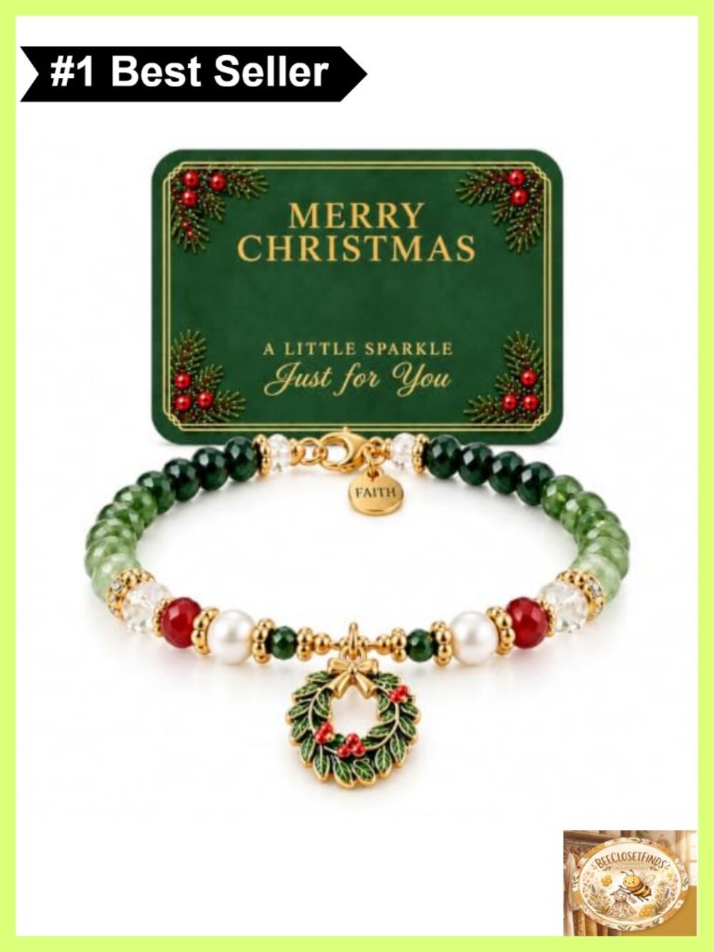 Christmas Wreath Faith Charm Beaded Stretch Bracelet Holiday Jewelry
